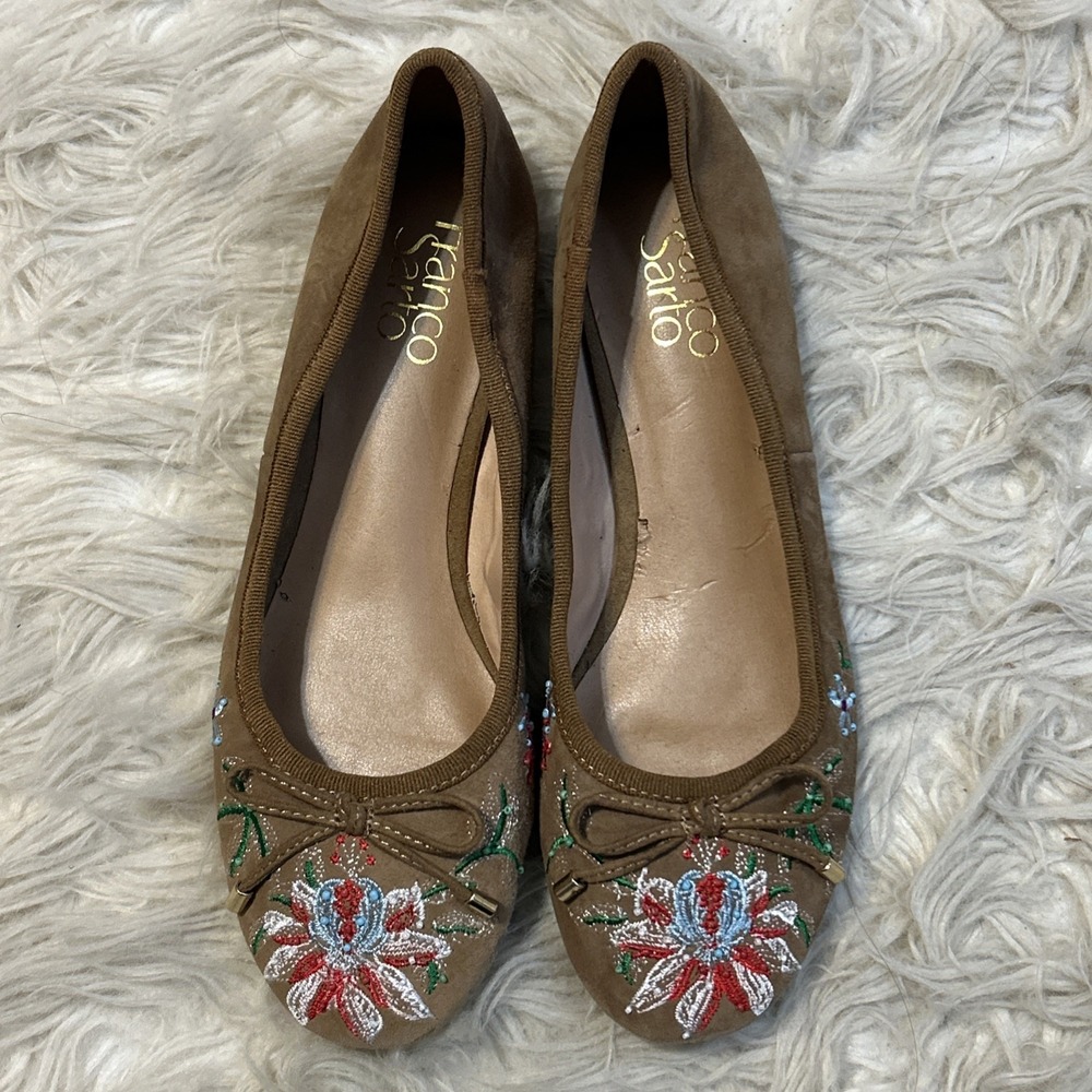 Franco‎ Sarto Roland Ballet Flats Brown Suede Floral Embroidered Boho Slip On 7
